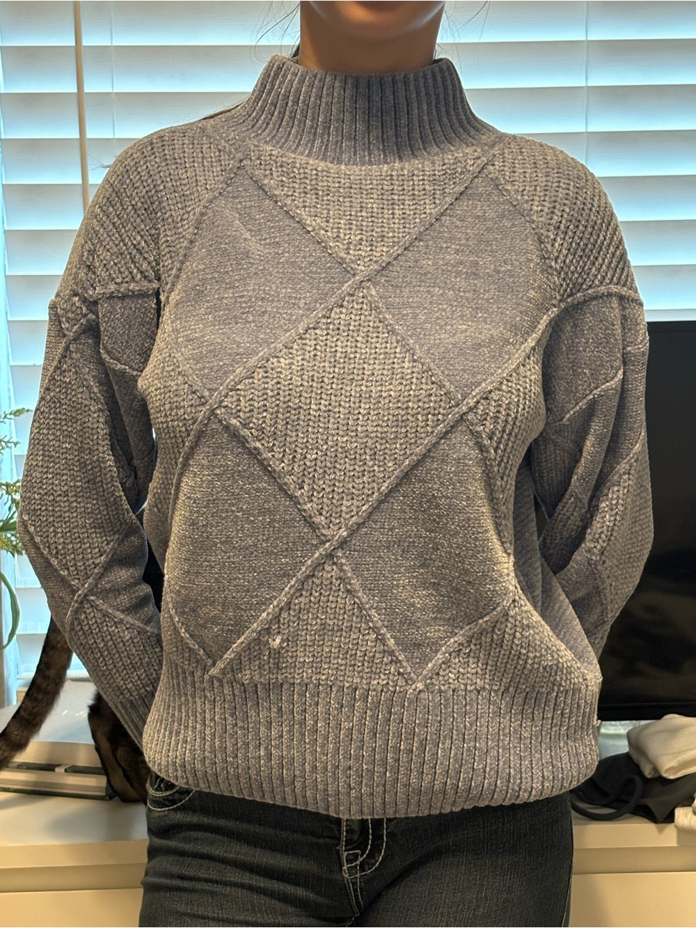 Christian Siriano Heather Gray Diamond Knit Turtleneck Sweater